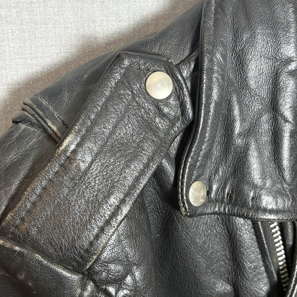 Vtg 90's Black Leather Moto Jacket  Heavy Weathered + Harley Trucker Wallet Sz L - Picture 10 of 16